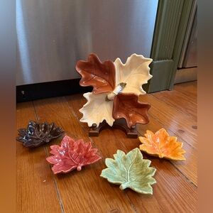 Vintage Oak & Maple Leaf candy/nut  dish w 4 handcrafted matching leaf plates.